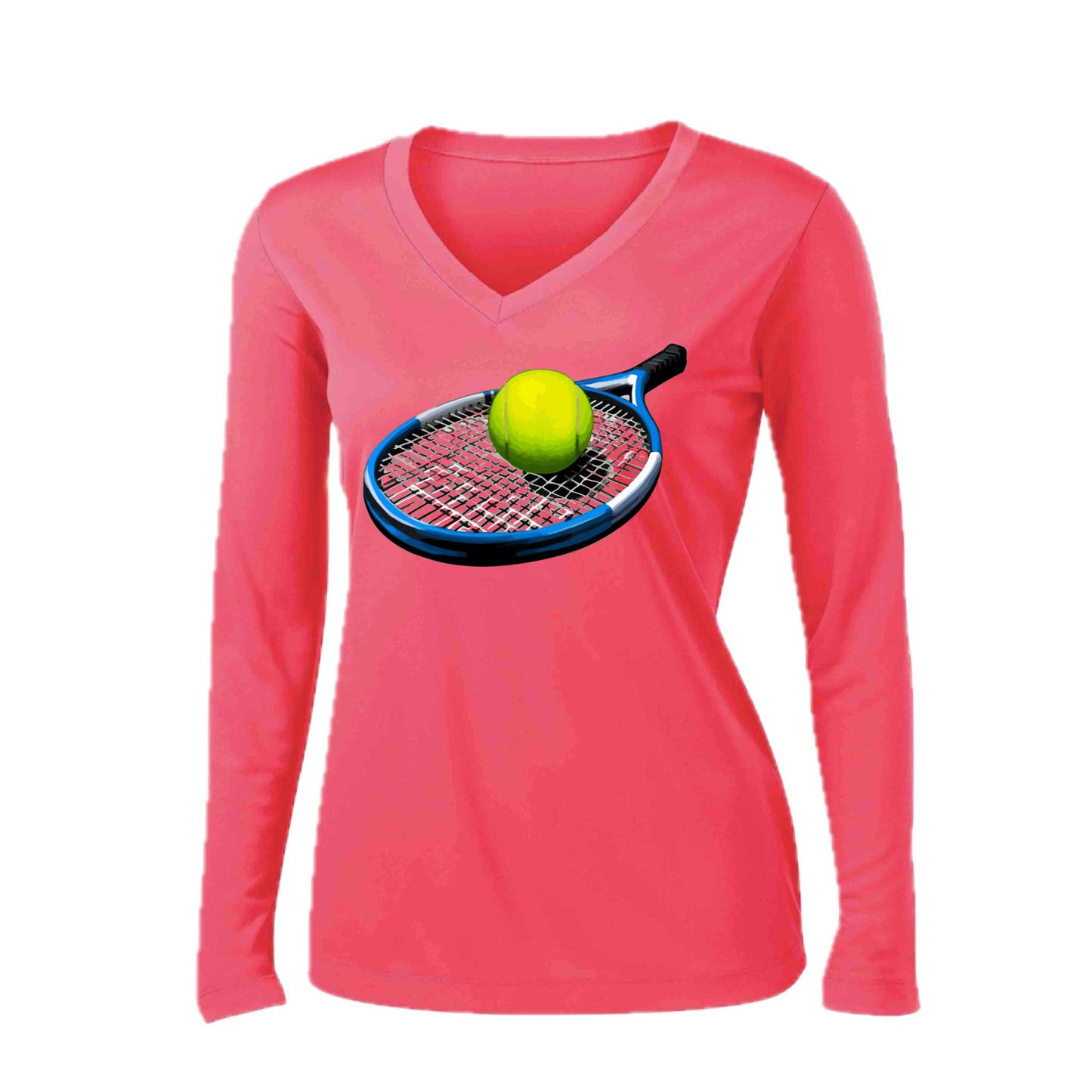 Tennis Racquet and Ball | Women’s Long Sleeve V-Neck Tennis Performance T-Shirt | 100% Polyester