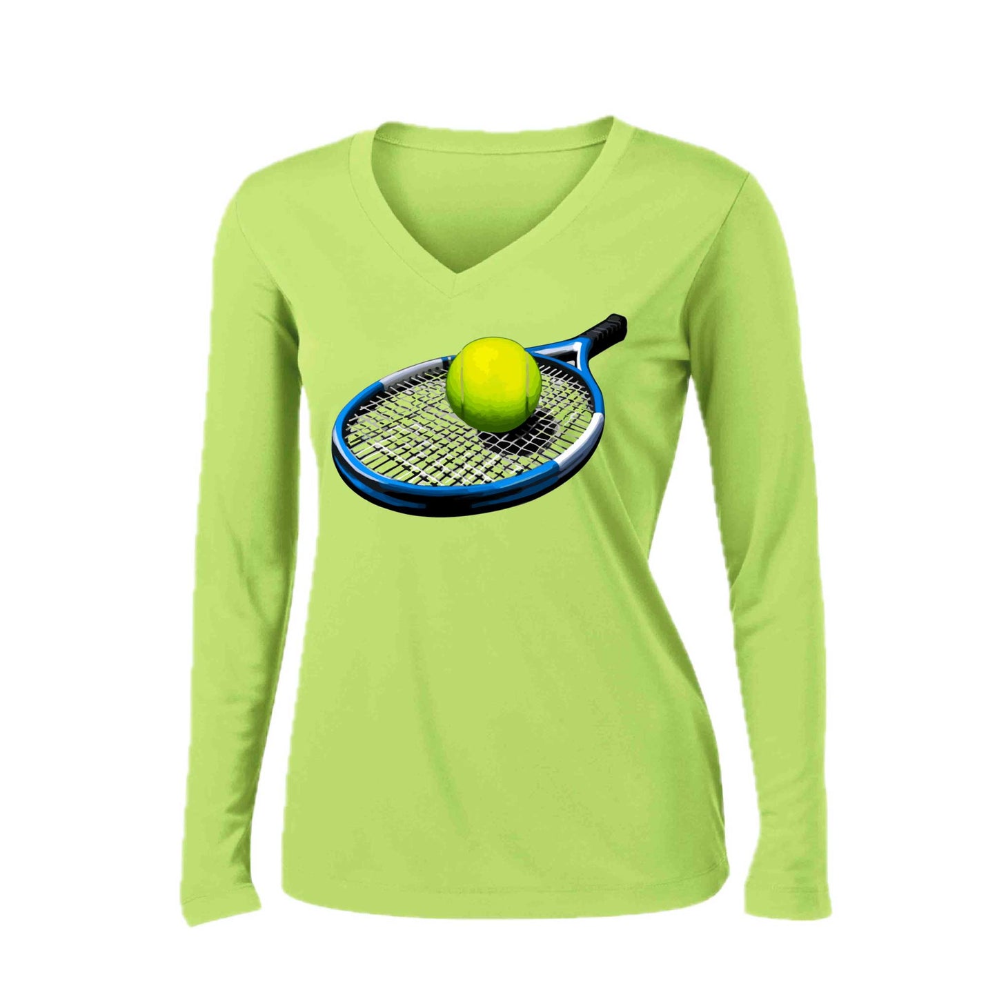 Tennis Racquet and Ball | Women’s Long Sleeve V-Neck Tennis Performance T-Shirt | 100% Polyester