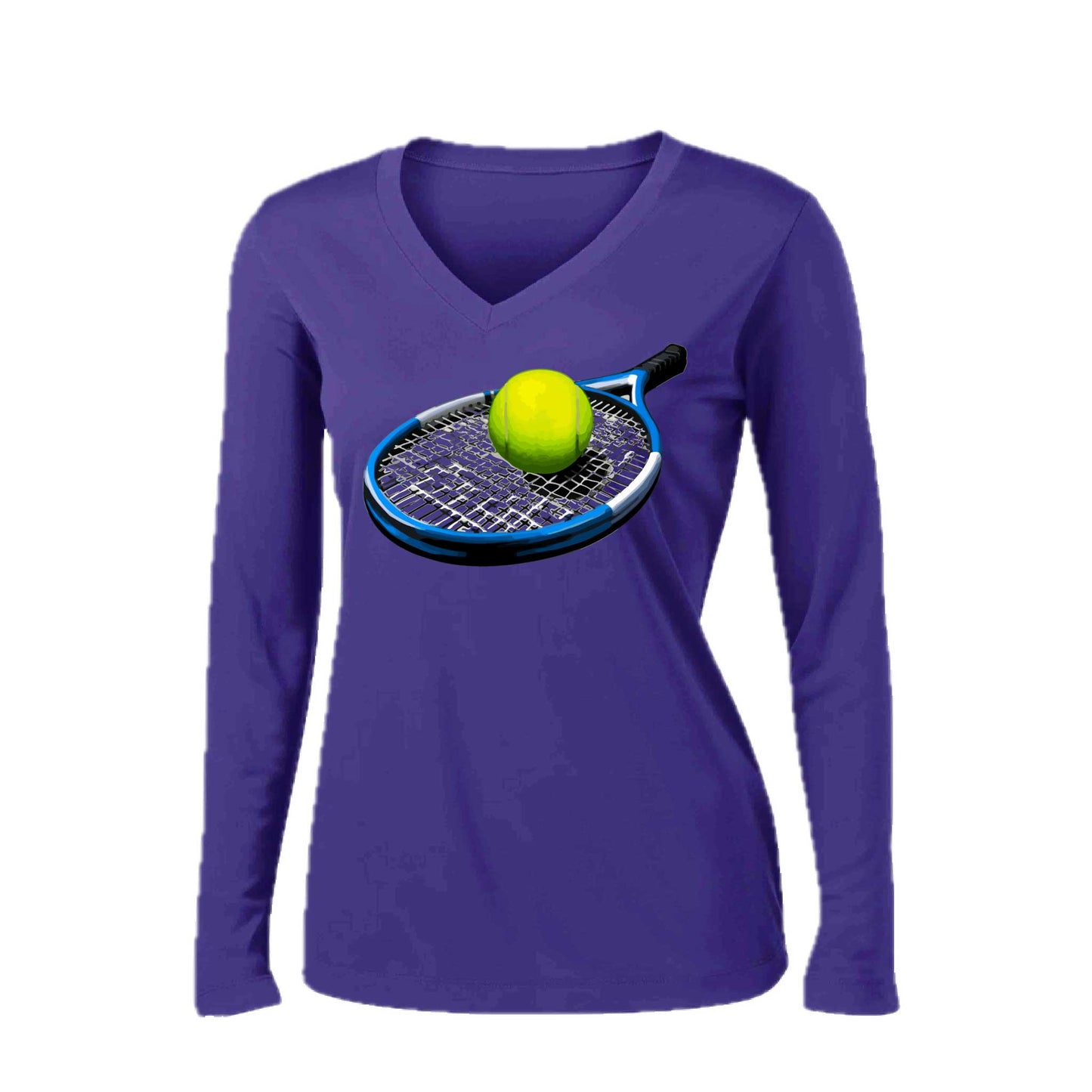 Tennis Racquet and Ball | Women’s Long Sleeve V-Neck Tennis Performance T-Shirt | 100% Polyester