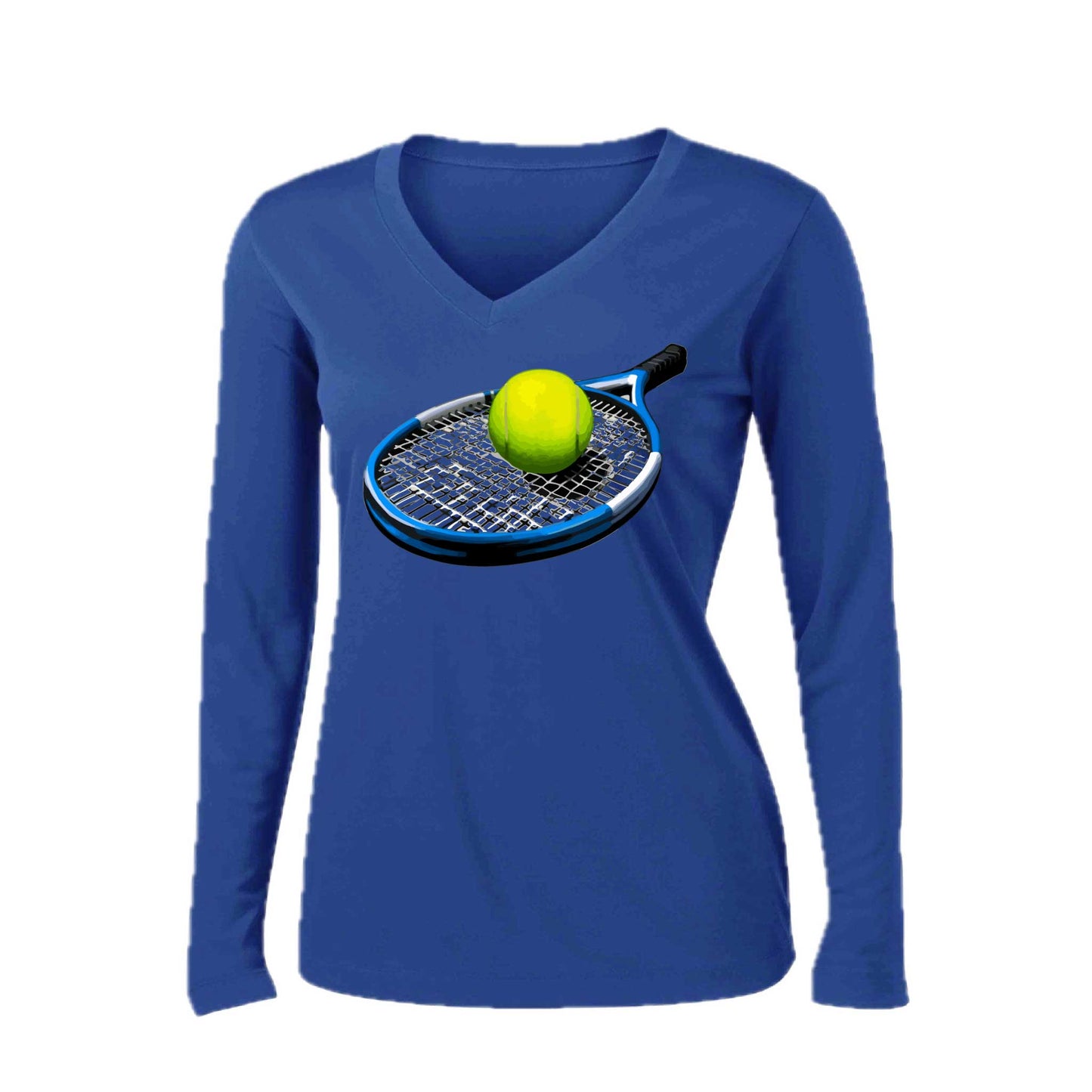 Tennis Racquet and Ball | Women’s Long Sleeve V-Neck Tennis Performance T-Shirt | 100% Polyester