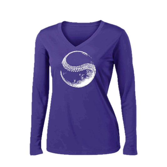 Retro Curveball | Women’s Long Sleeve V-Neck Baseball Performance T-Shirt | 100% Polyester