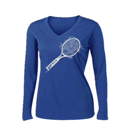 Retro Tennis | Women’s Long Sleeve V-Neck Tennis Performance T-Shirt | 100% Polyester