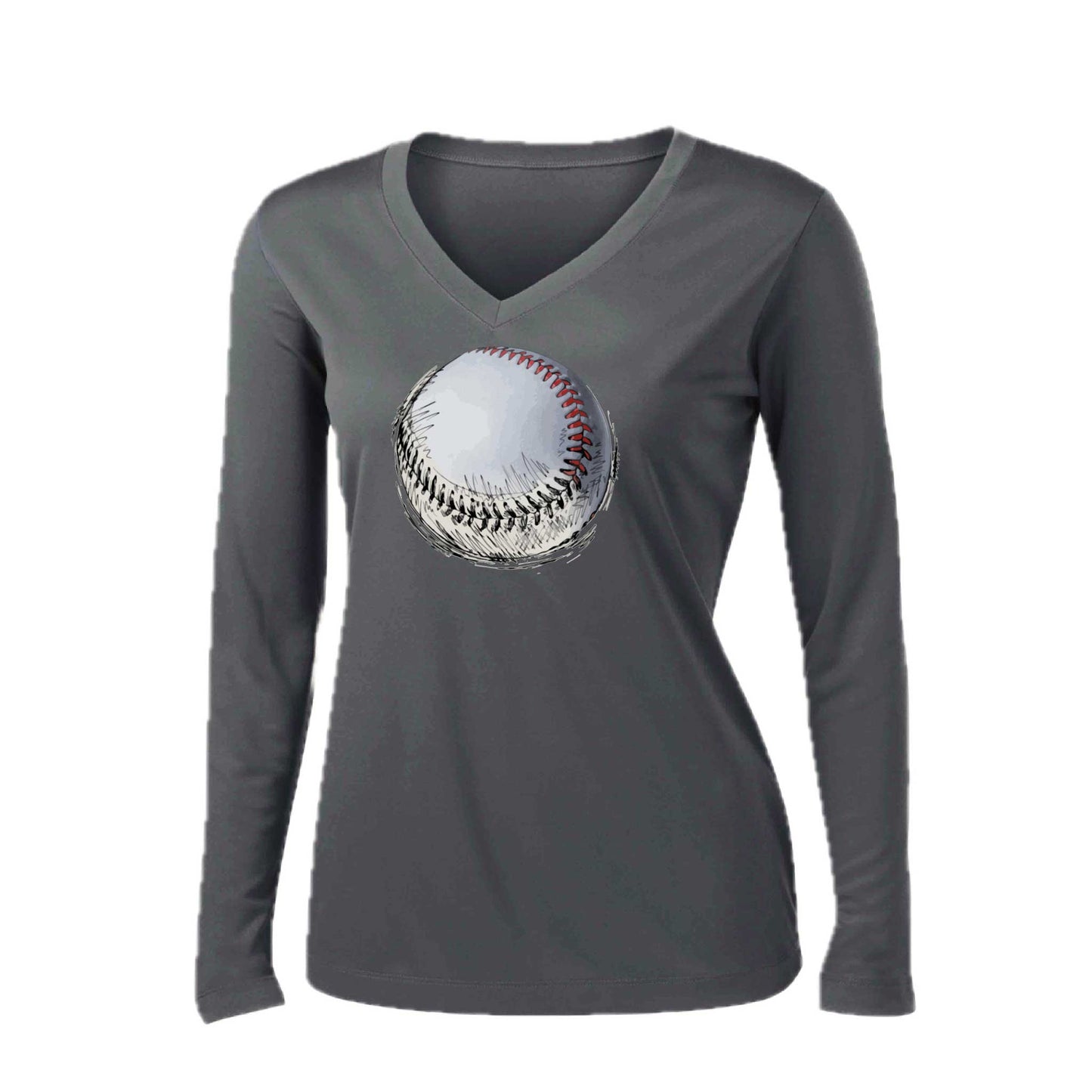 Baseball Sketched | Women’s Long Sleeve V-Neck Baseball Performance T-Shirt | 100% Polyester