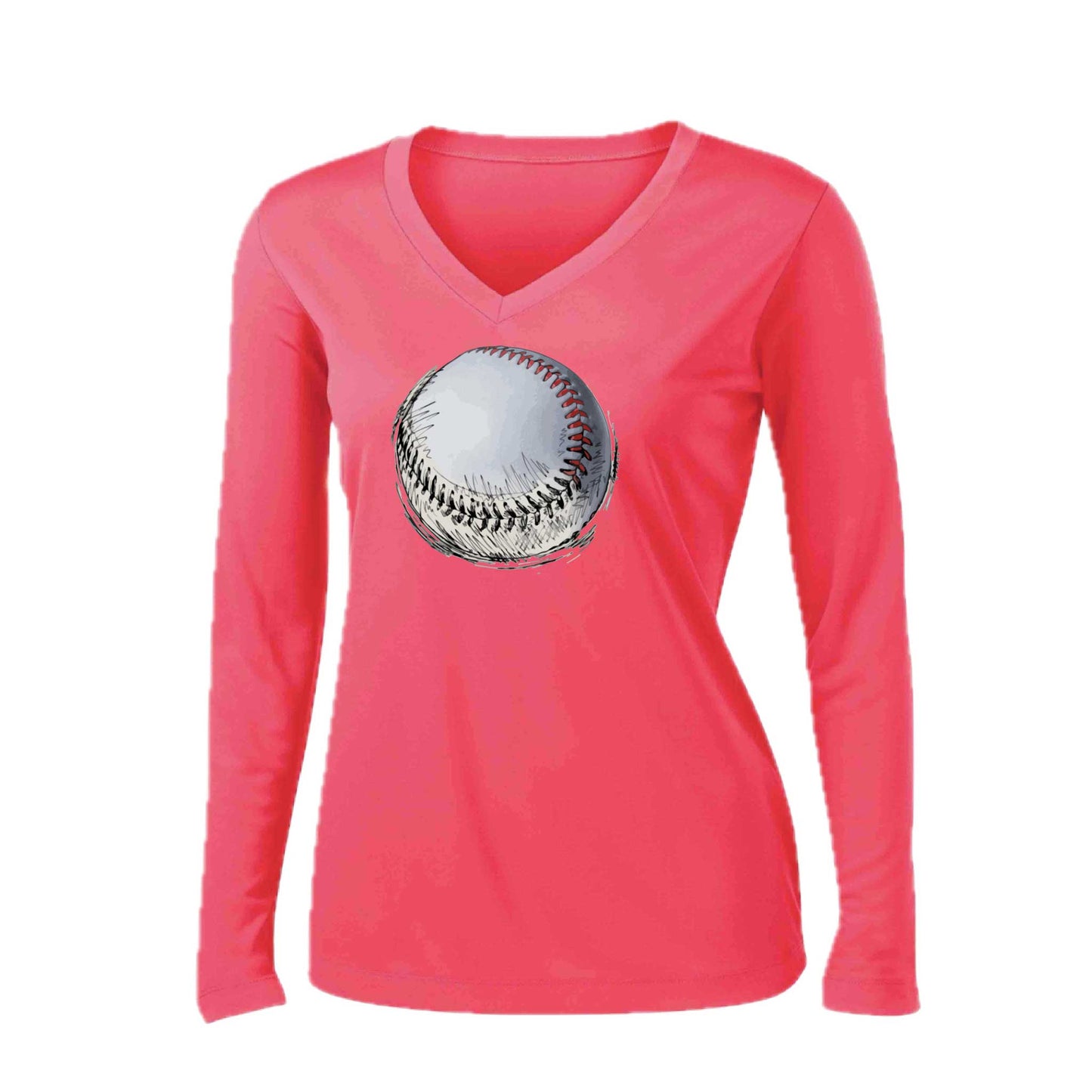 Baseball Sketched | Women’s Long Sleeve V-Neck Baseball Performance T-Shirt | 100% Polyester