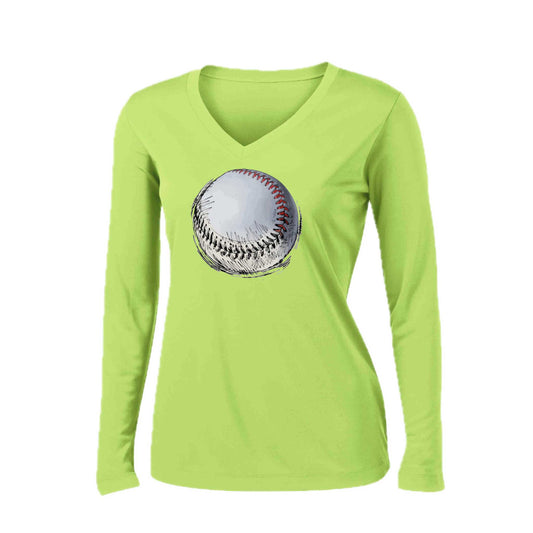 Baseball Sketched | Women’s Long Sleeve V-Neck Baseball Performance T-Shirt | 100% Polyester