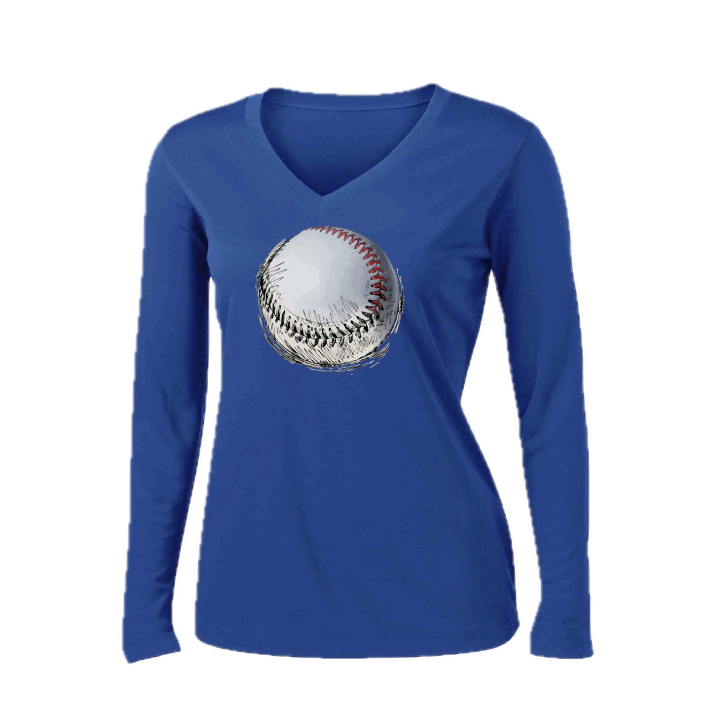 Baseball Sketched | Women’s Long Sleeve V-Neck Baseball Performance T-Shirt | 100% Polyester