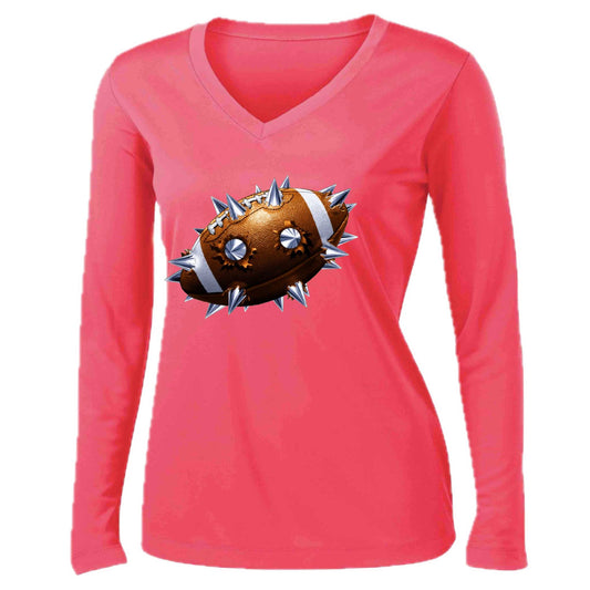 Spiked Football | Women’s Long Sleeve V-Neck Football T-Shirt | 100% Polyester