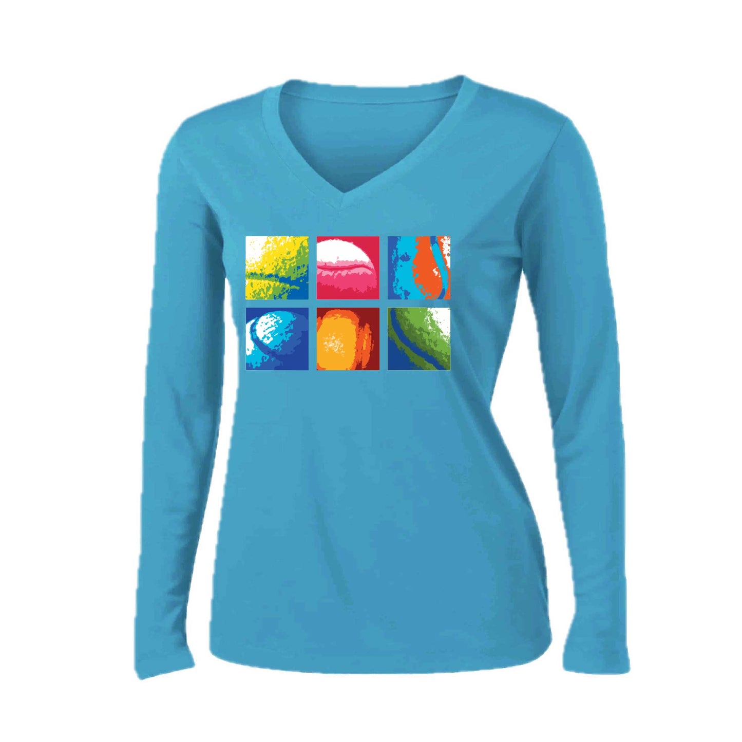 Tennis Squares | Women’s Long Sleeve V-Neck Tennis Performance T-Shirt | 100% Polyester