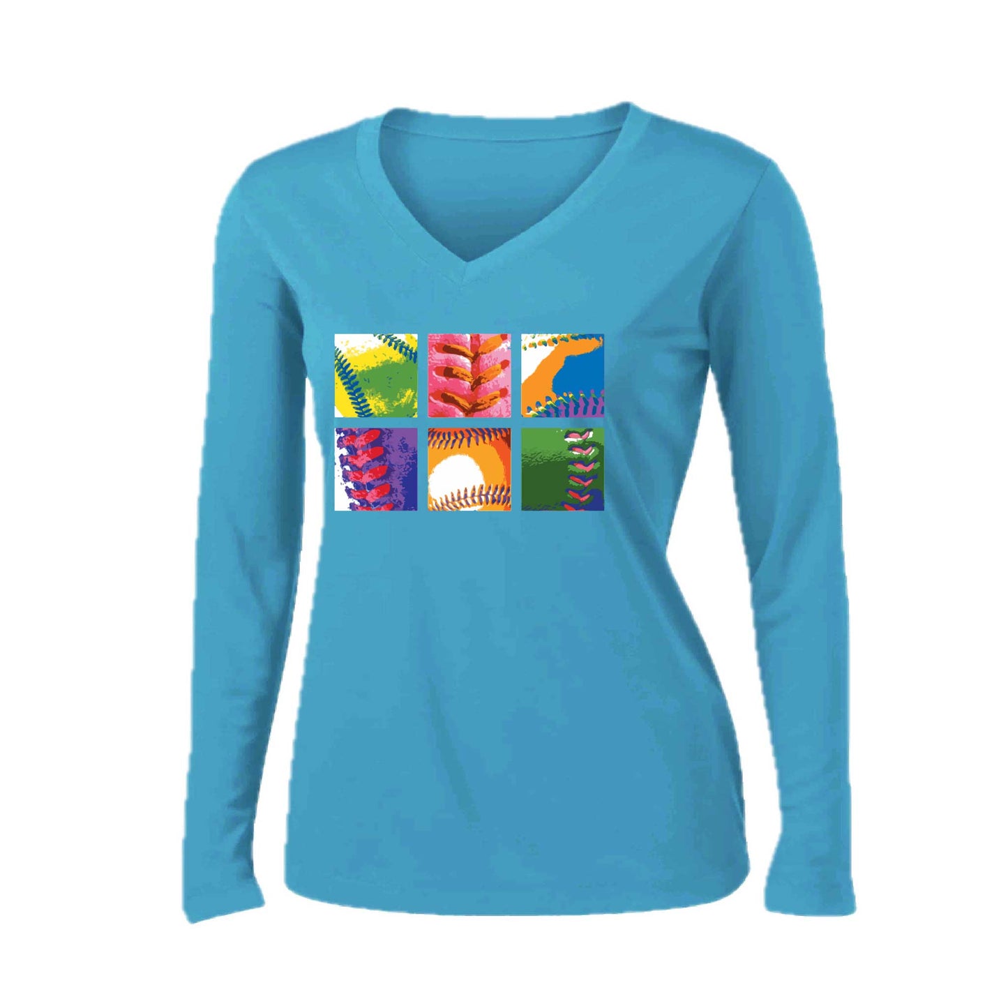 Baseball Squares | Women’s Long Sleeve V-Neck Baseball Performance T-Shirt | 100% Polyester