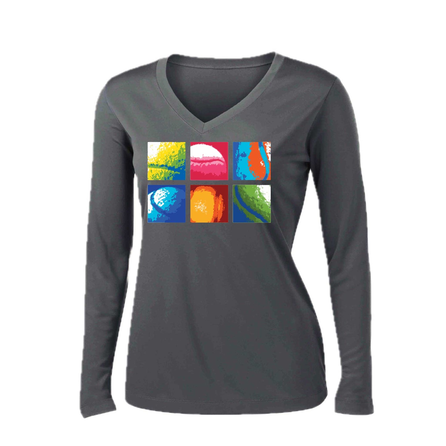 Tennis Squares | Women’s Long Sleeve V-Neck Tennis Performance T-Shirt | 100% Polyester