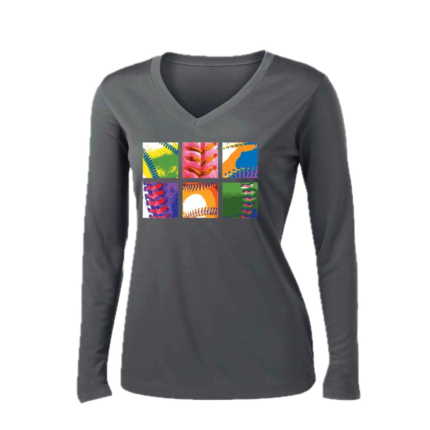 Baseball Squares | Women’s Long Sleeve V-Neck Baseball Performance T-Shirt | 100% Polyester