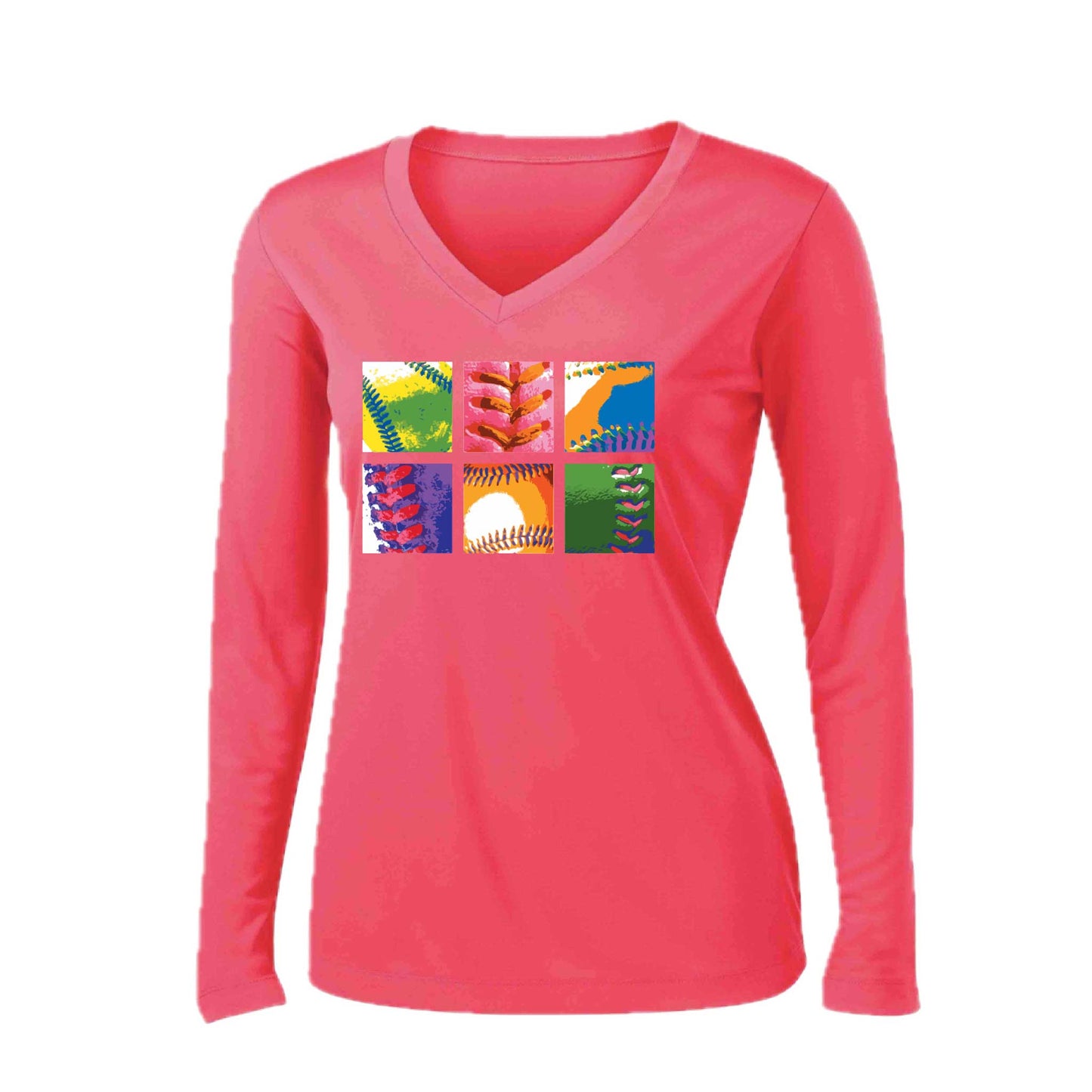 Baseball Squares | Women’s Long Sleeve V-Neck Baseball Performance T-Shirt | 100% Polyester