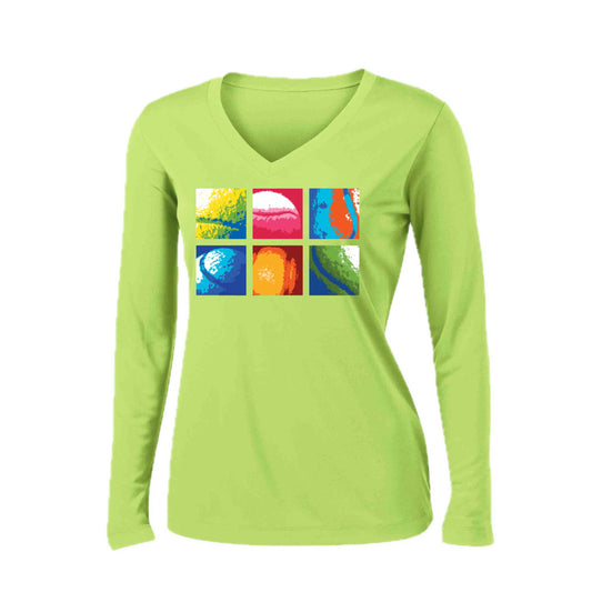 Tennis Squares | Women’s Long Sleeve V-Neck Tennis Performance T-Shirt | 100% Polyester