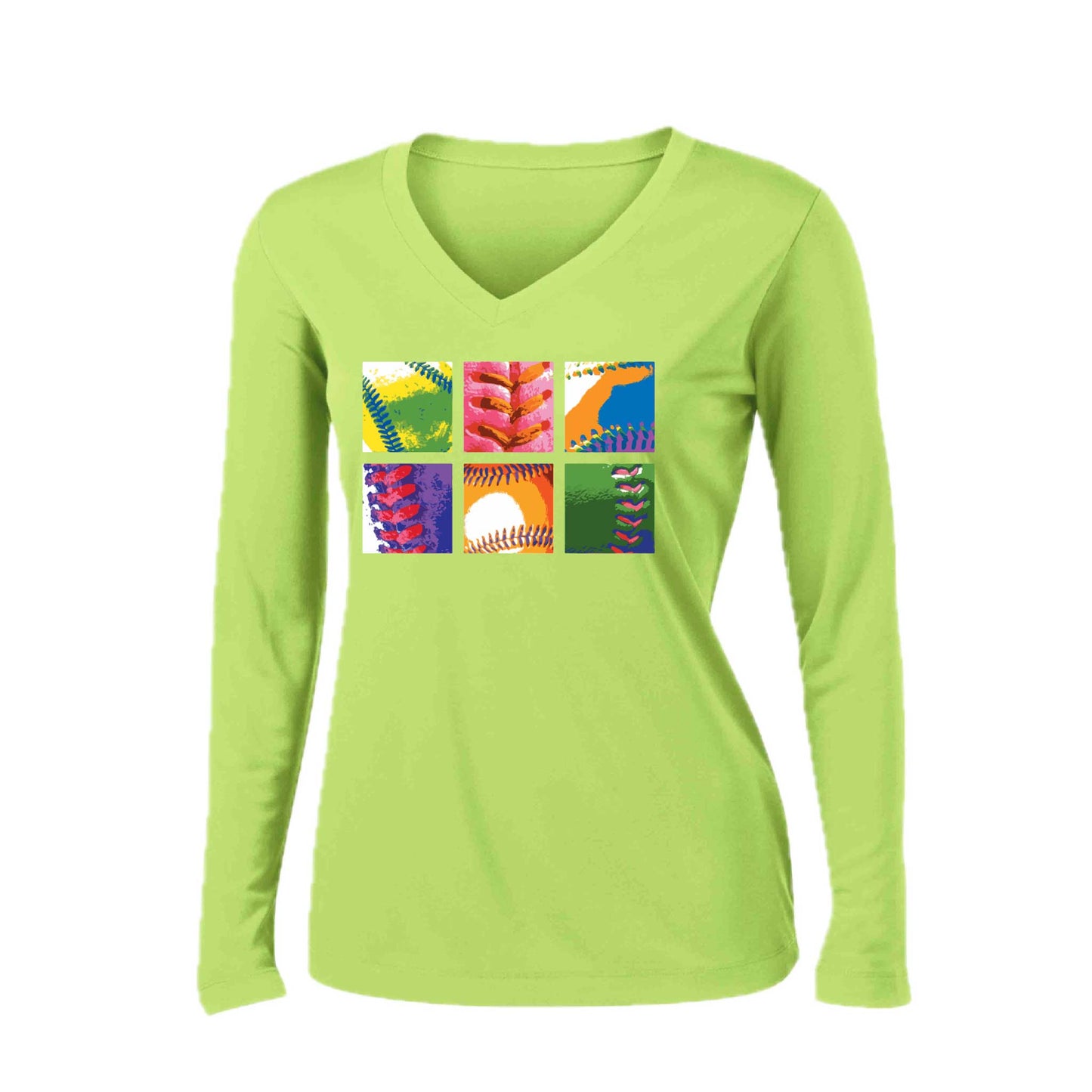Baseball Squares | Women’s Long Sleeve V-Neck Baseball Performance T-Shirt | 100% Polyester