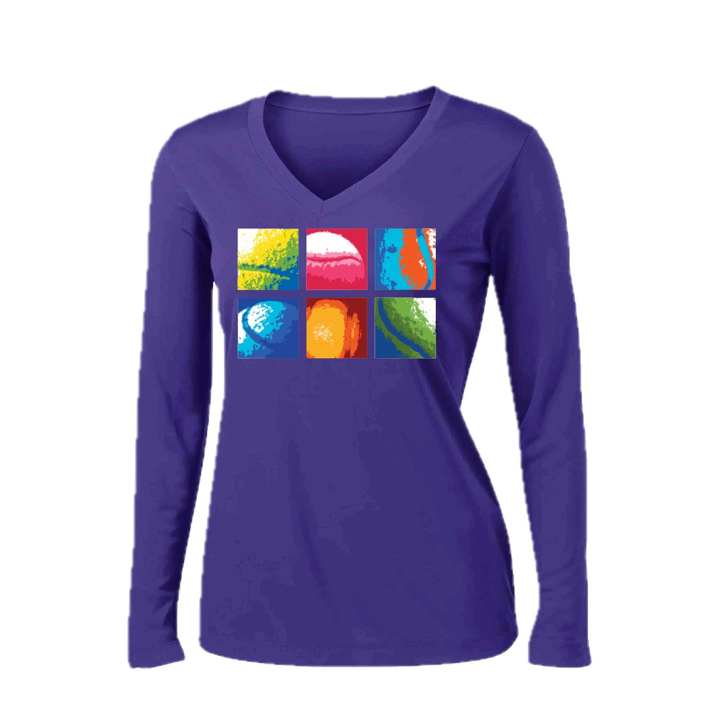 Tennis Squares | Women’s Long Sleeve V-Neck Tennis Performance T-Shirt | 100% Polyester