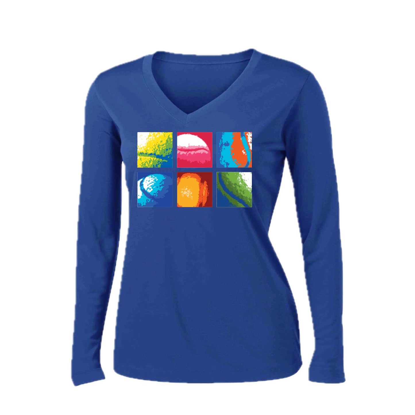 Tennis Squares | Women’s Long Sleeve V-Neck Tennis Performance T-Shirt | 100% Polyester