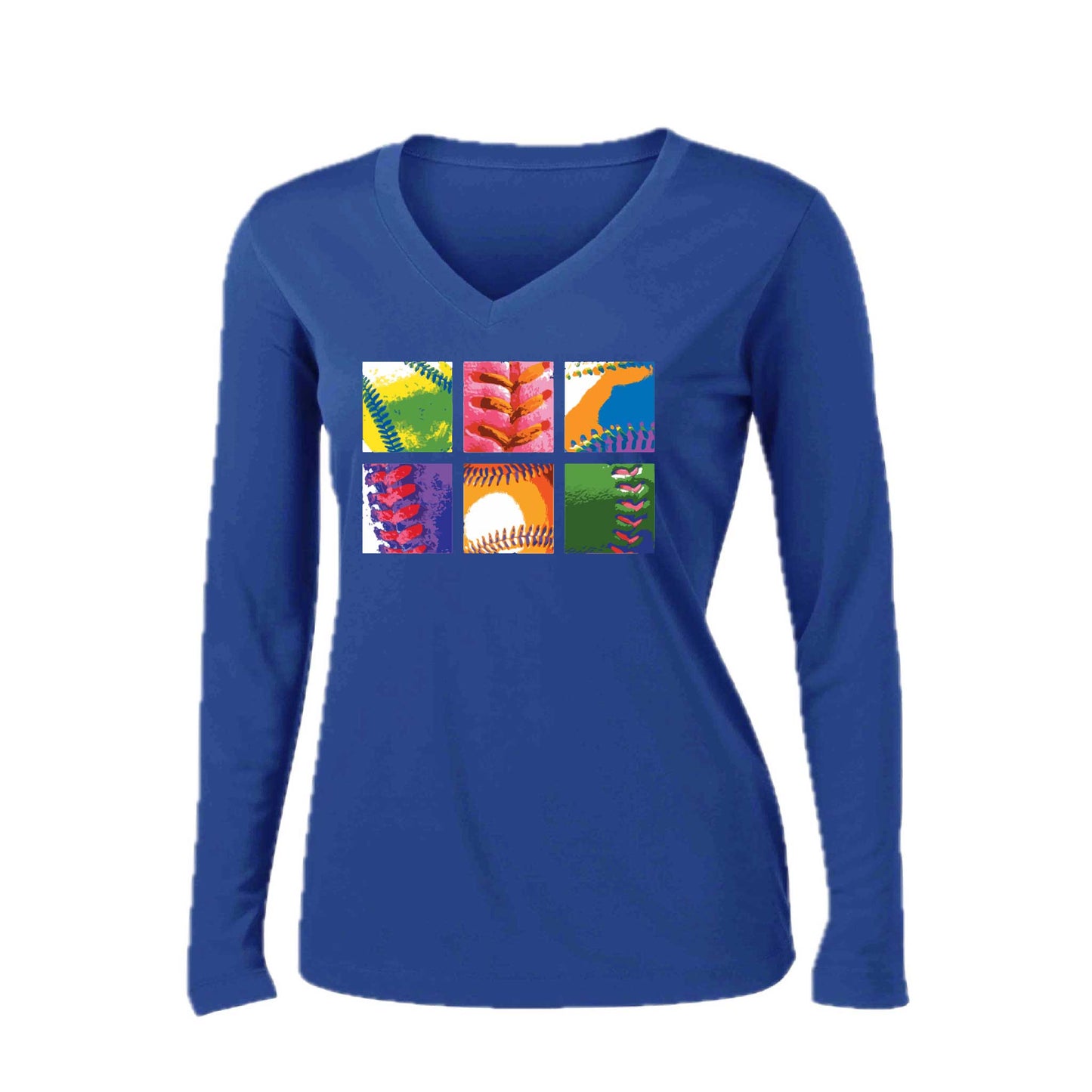 Baseball Squares | Women’s Long Sleeve V-Neck Baseball Performance T-Shirt | 100% Polyester