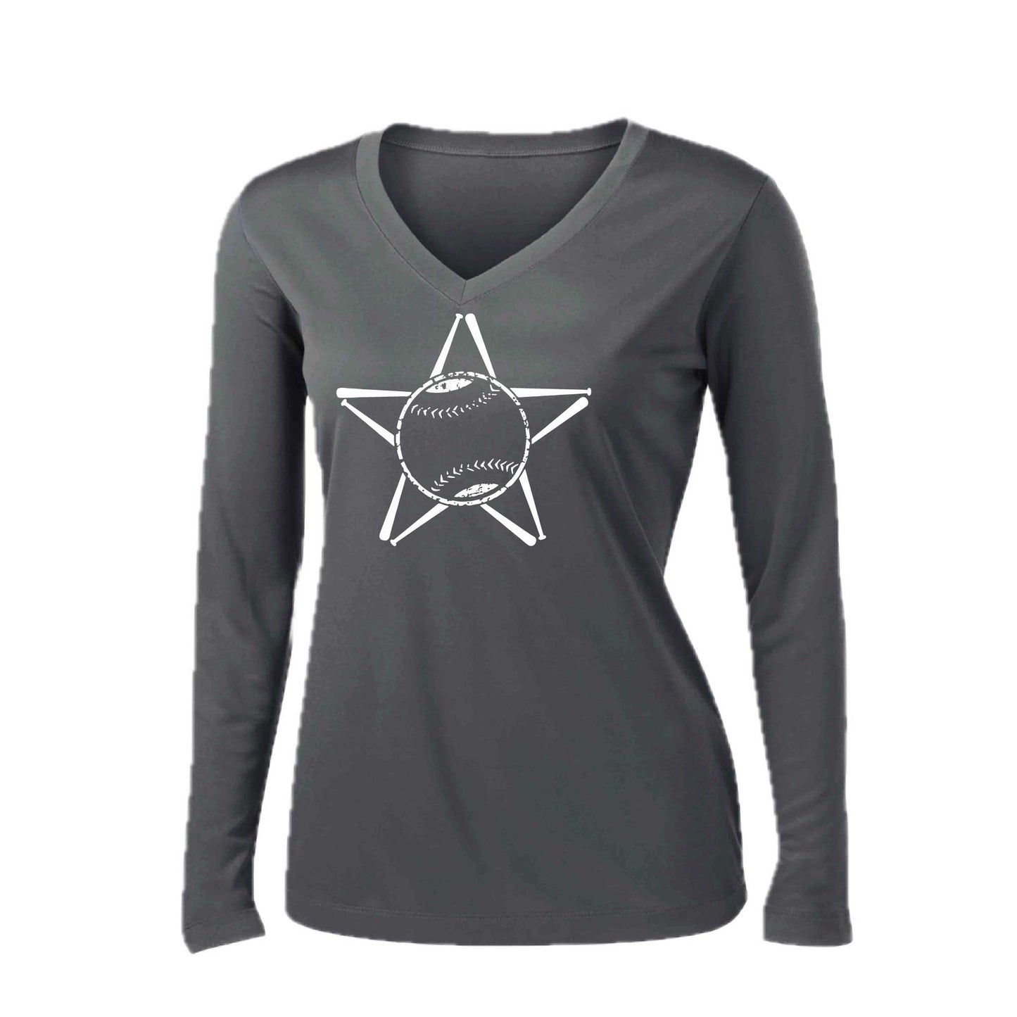 Baseball Star | Women’s Long Sleeve V-Neck Baseball Performance T-Shirt | 100% Polyester