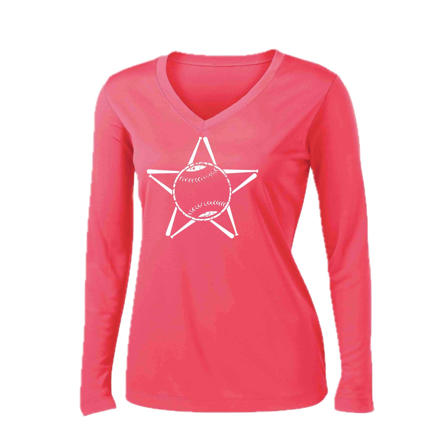 Baseball Star | Women’s Long Sleeve V-Neck Baseball Performance T-Shirt | 100% Polyester