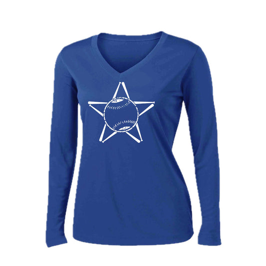 Baseball Star | Women’s Long Sleeve V-Neck Baseball Performance T-Shirt | 100% Polyester