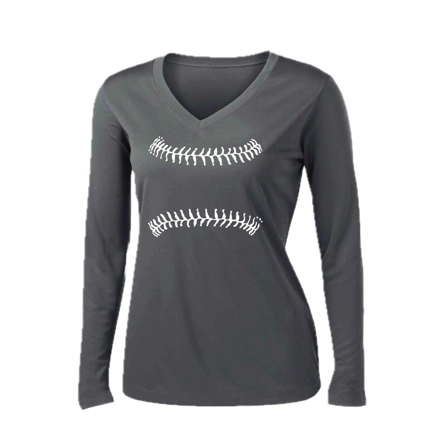 Baseball Stitches | Women’s Long Sleeve V-Neck Baseball Performance T-Shirt | 100% Polyester