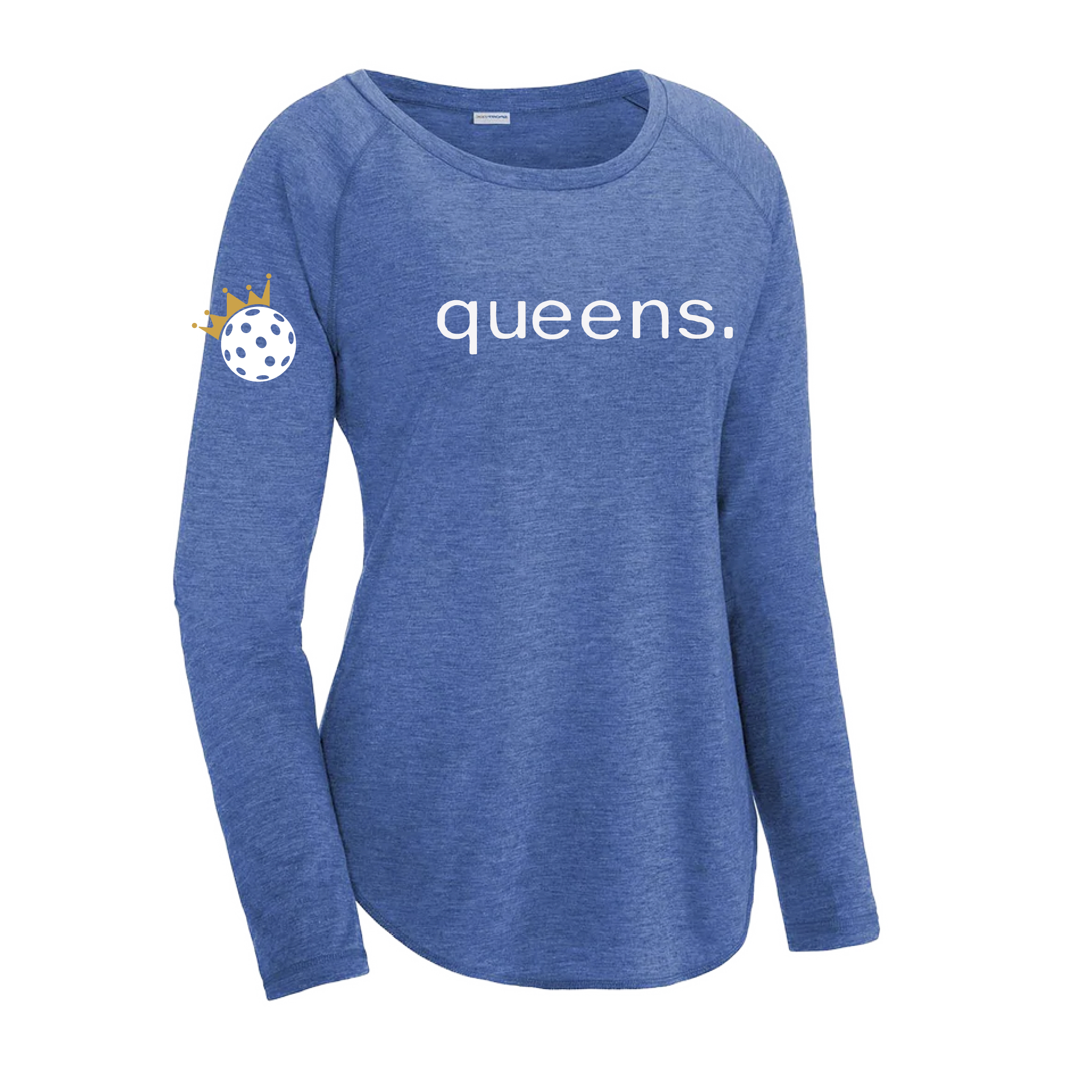 Design: Pickleball Queen and Crown  Take your pickleball look up a notch with this Women's long sleeve scoop-neck shirt. Crafted with ultimate softness and unparalleled comfort for an ultra-smooth feel. Moisture-wicking properties and PosiCharge technology preserve color and vibrancy. Breathable and lightweight to let you move. It's an ideal pickleball accessory, offering the perfect balance of style, comfort and performance. 