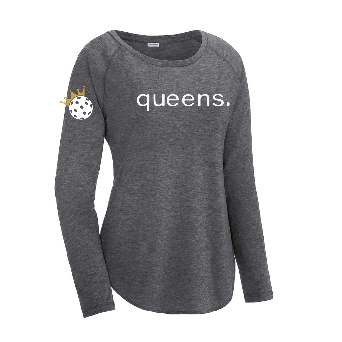 Design: Pickleball Queen and Crown  Take your pickleball look up a notch with this Women's long sleeve scoop-neck shirt. Crafted with ultimate softness and unparalleled comfort for an ultra-smooth feel. Moisture-wicking properties and PosiCharge technology preserve color and vibrancy. Breathable and lightweight to let you move. It's an ideal pickleball accessory, offering the perfect balance of style, comfort and performance. 