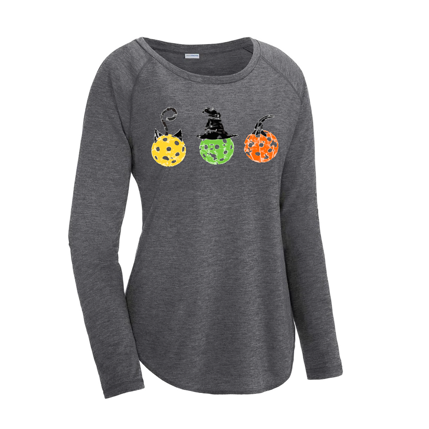 Cat Witch Pumpkin  | Women's Long Sleeve Scoop Neck Pickleball Shirts | 75/13/12 poly/cotton/rayon