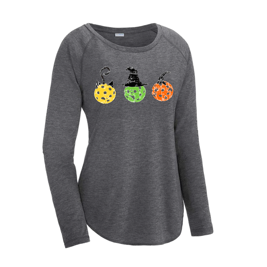 Cat Witch Pumpkin  | Women's Long Sleeve Scoop Neck Pickleball Shirts | 75/13/12 poly/cotton/rayon