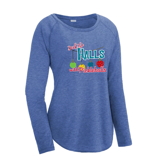 Deck the Halls with Pickleballs | Women's Long Sleeve Scoop Neck Pickleball Shirts | 75/13/12 poly/cotton/rayon