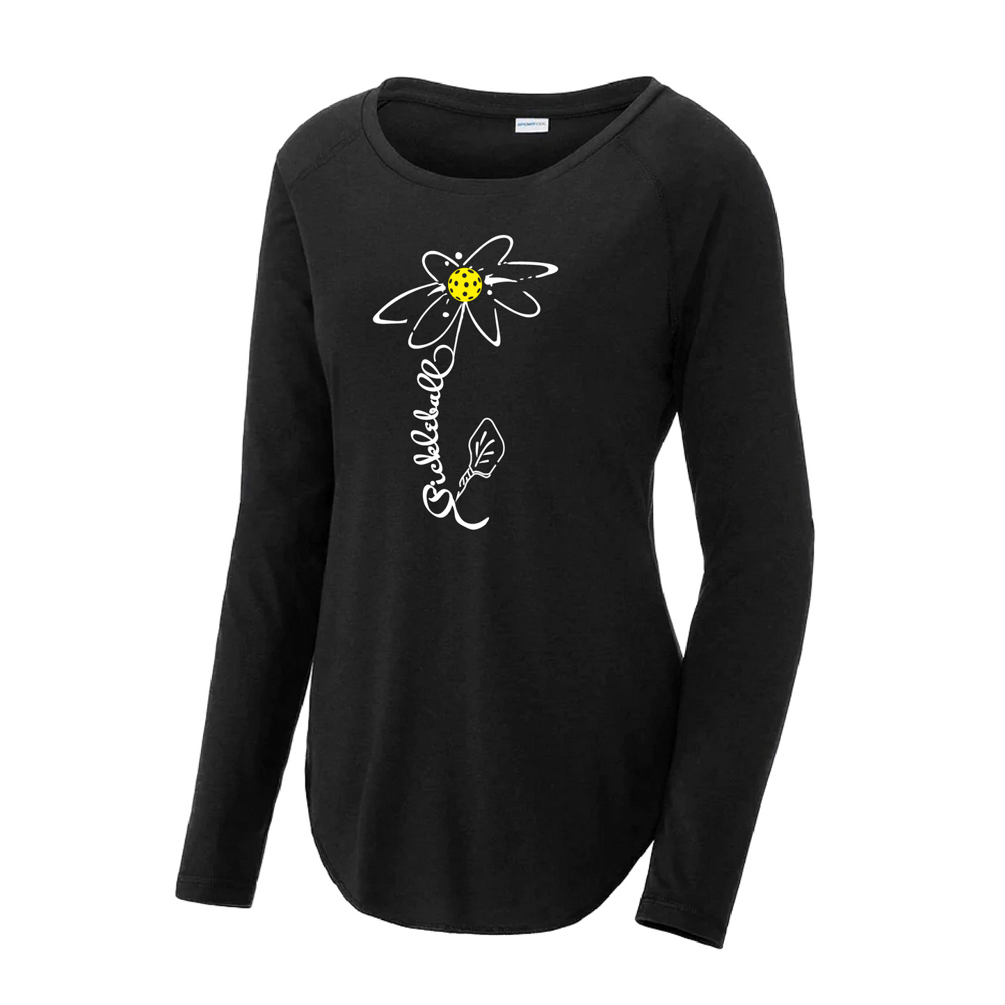 Pickleball Flower (White Yellow) | Women's Long Sleeve Scoop Neck Pickleball Shirts | 75/13/12 poly/cotton/rayon