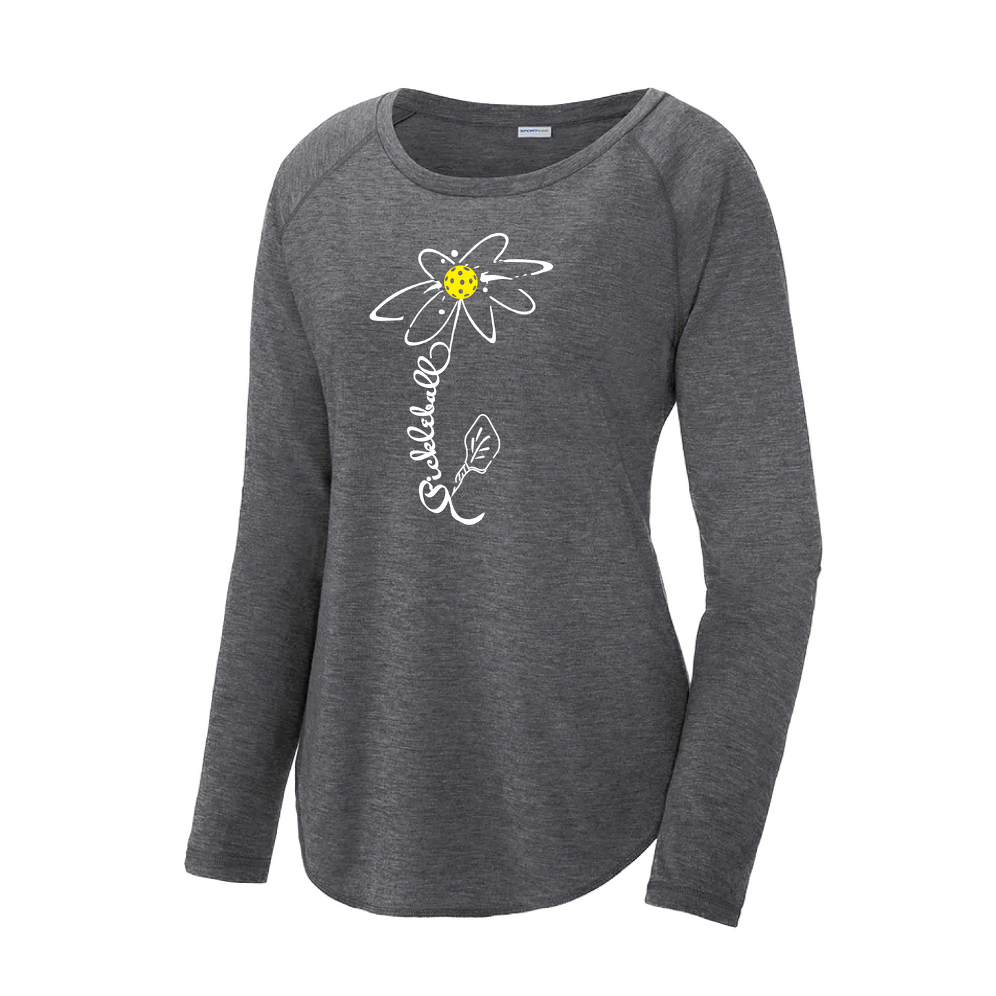 Pickleball Flower (White Yellow) | Women's Long Sleeve Scoop Neck Pickleball Shirts | 75/13/12 poly/cotton/rayon