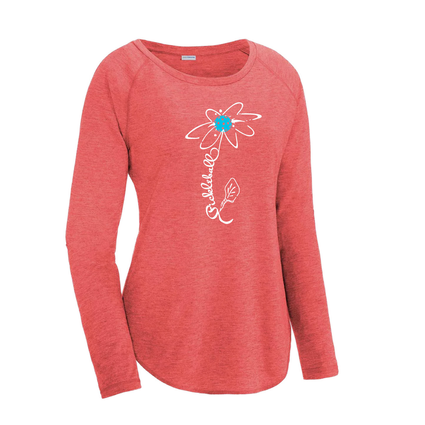 Pickleball Flower (Cyan Green Orange) | Women's Long Sleeve Scoop Neck Pickleball Shirts | 75/13/12 poly/cotton/rayon