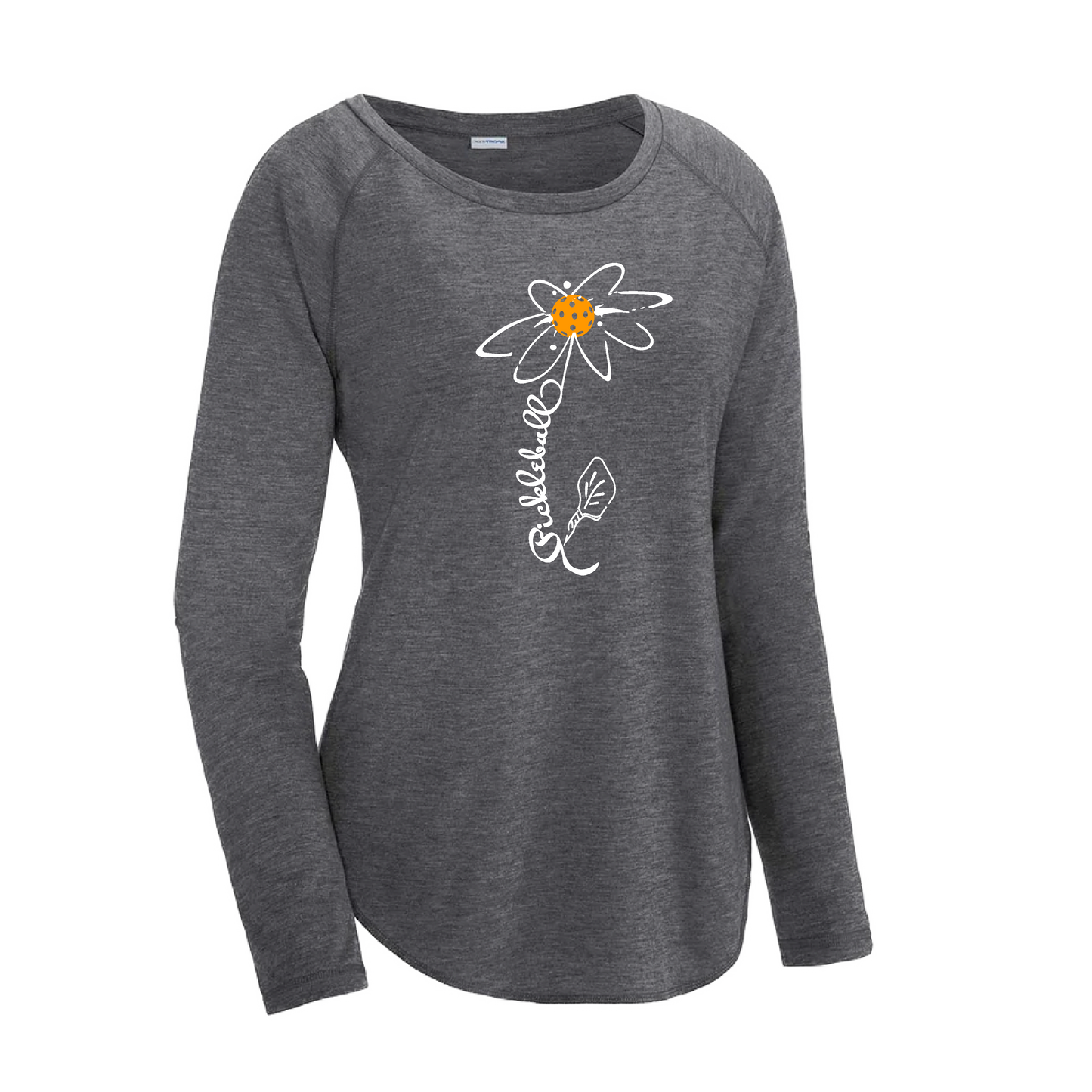 Pickleball Flower (Cyan Green Orange) | Women's Long Sleeve Scoop Neck Pickleball Shirts | 75/13/12 poly/cotton/rayon