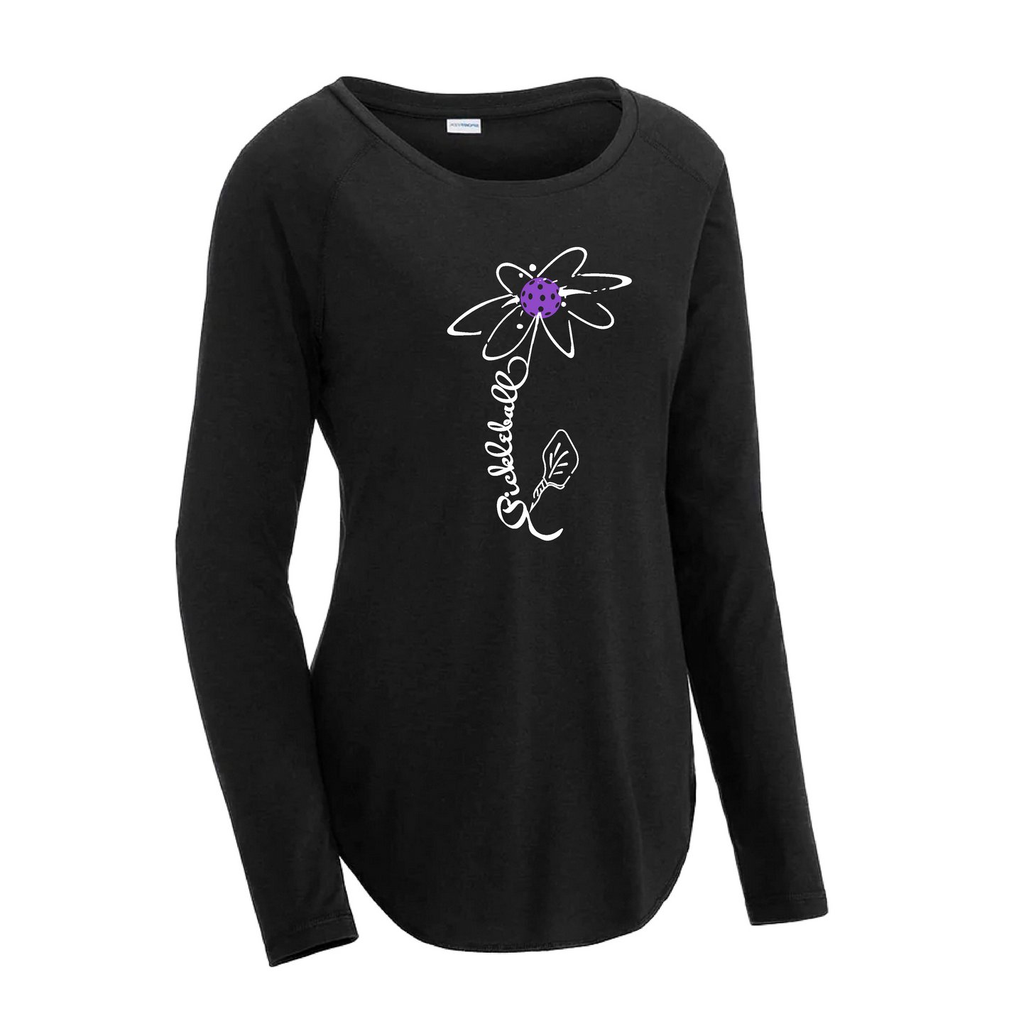 Pickleball Flower (Pink Purple Rainbow) | Women's Long Sleeve Scoop Neck Pickleball Shirts | 75/13/12 poly/cotton/rayon