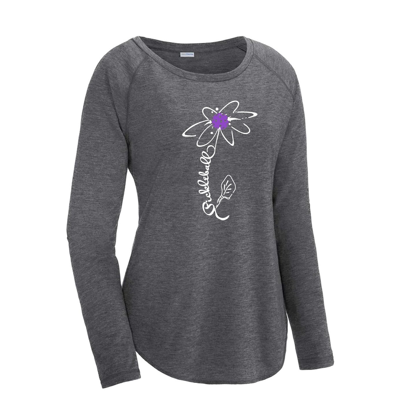 Pickleball Flower (Pink Purple Rainbow) | Women's Long Sleeve Scoop Neck Pickleball Shirts | 75/13/12 poly/cotton/rayon