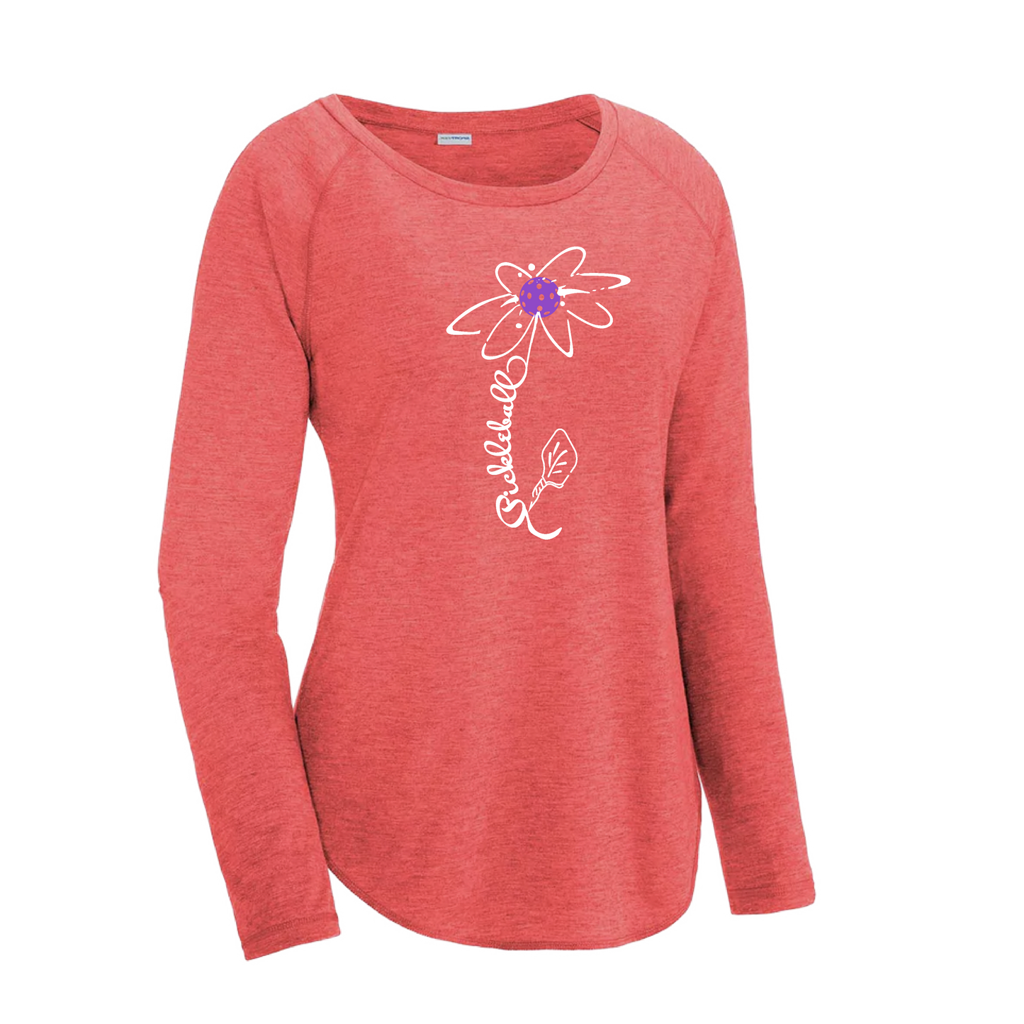 Pickleball Flower (Pink Purple Rainbow) | Women's Long Sleeve Scoop Neck Pickleball Shirts | 75/13/12 poly/cotton/rayon