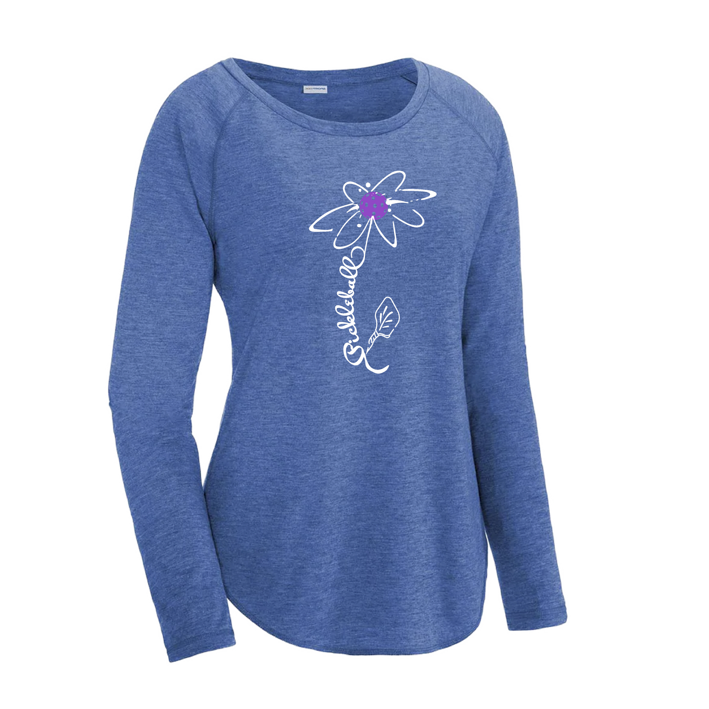 Pickleball Flower (Pink Purple Rainbow) | Women's Long Sleeve Scoop Neck Pickleball Shirts | 75/13/12 poly/cotton/rayon