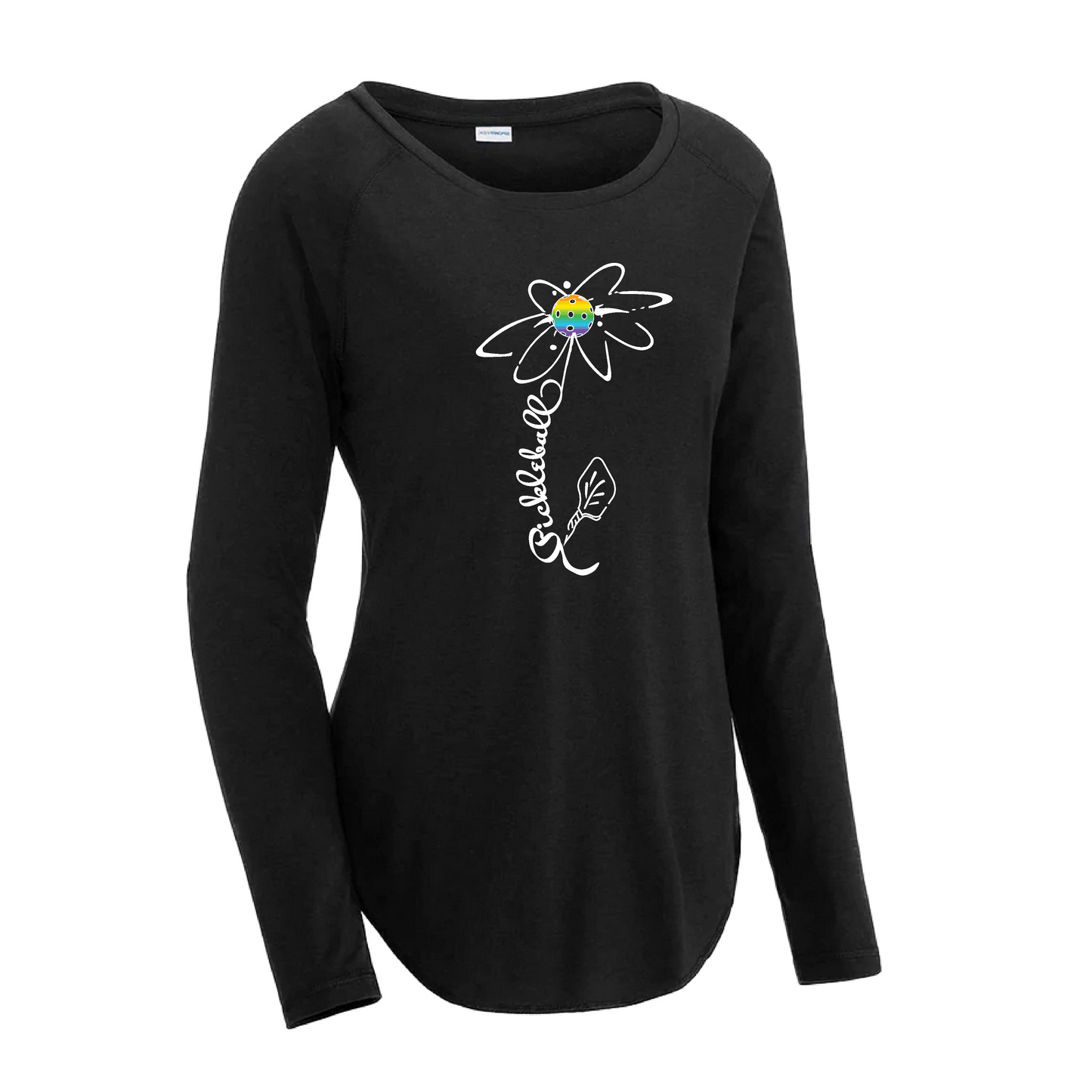 Pickleball Flower (Yellow, Cyan, Green or Rainbow) | Women's Long Sleeve Scoop Neck Pickleball Shirts | 75/13/12 poly/cotton/rayon