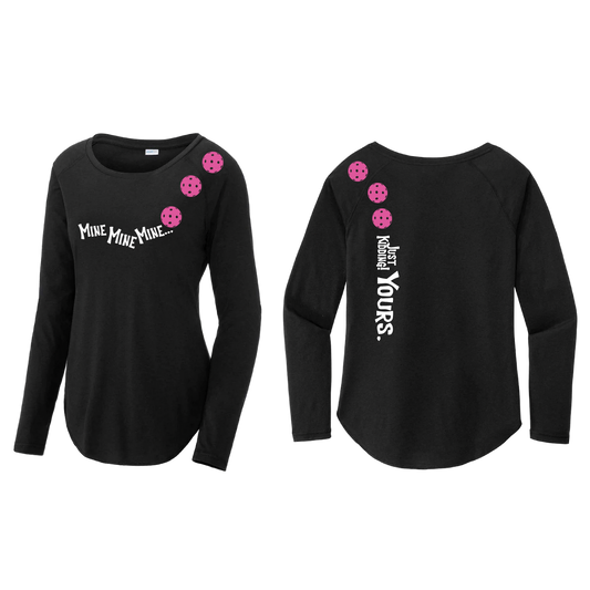 Mine JK Yours (Pickleballs Pink Purple Rainbow) | Women's Long Sleeve Scoop Neck Pickleball Shirts | 75/13/12 poly/cotton/rayon