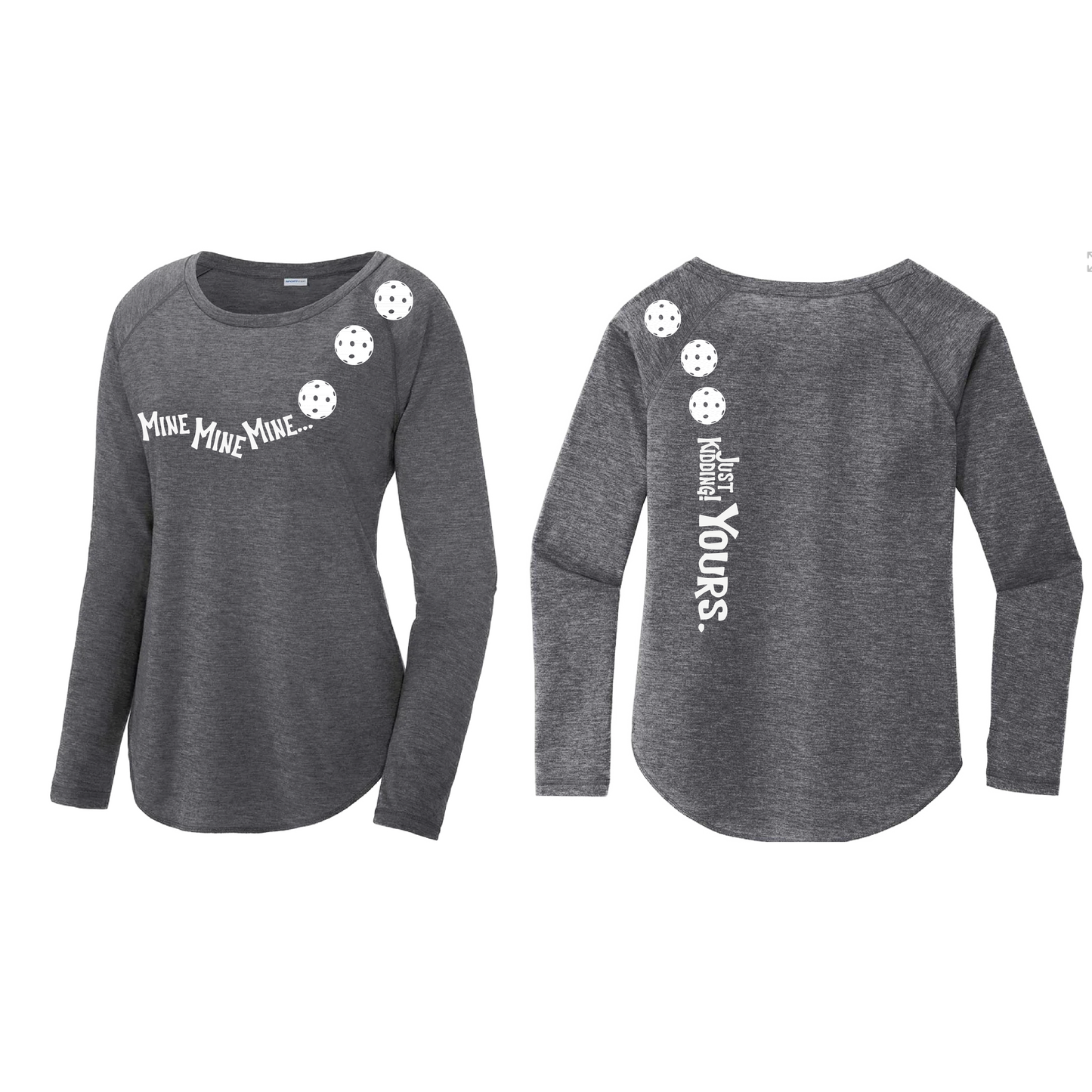 Mine JK Yours (Pickleballs Red White Yellow) | Women's Long Sleeve Scoop Neck Pickleball Shirts | 75/13/12 poly/cotton/rayon