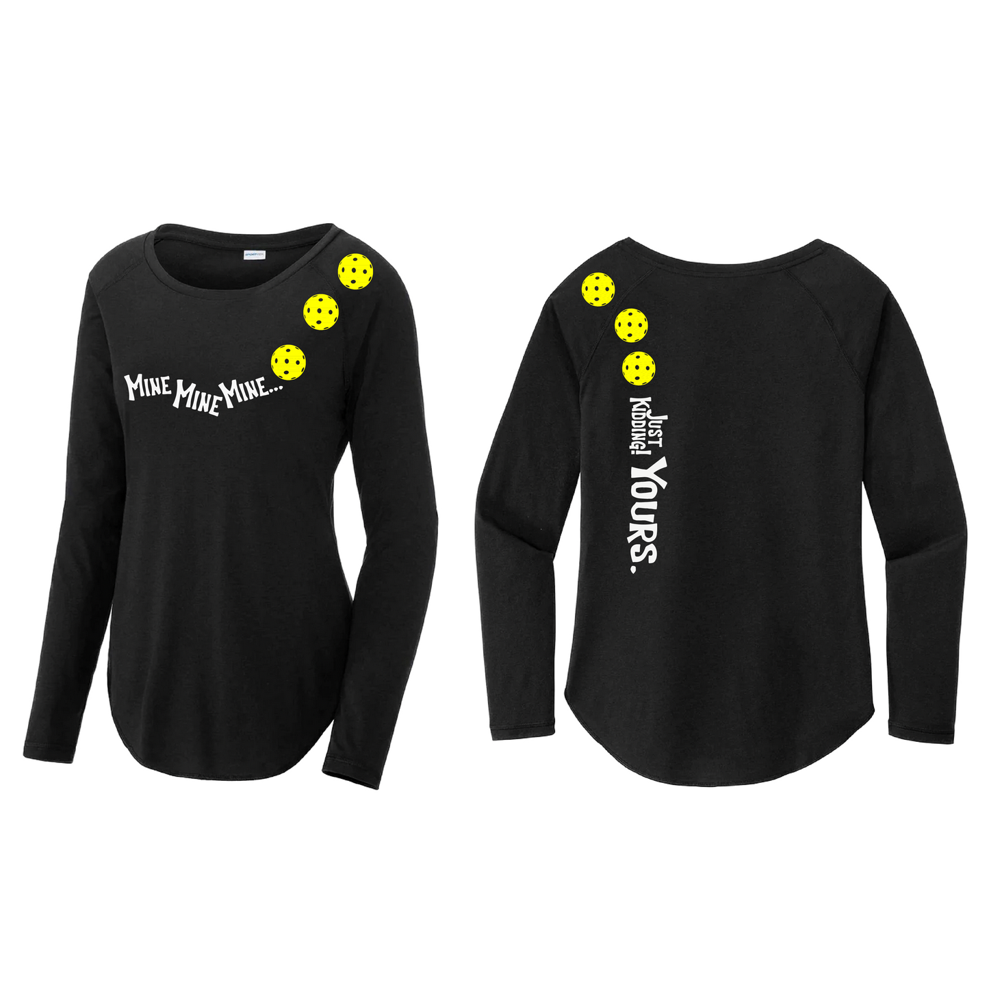 Mine JK Yours (Pickleballs Red White Yellow) | Women's Long Sleeve Scoop Neck Pickleball Shirts | 75/13/12 poly/cotton/rayon