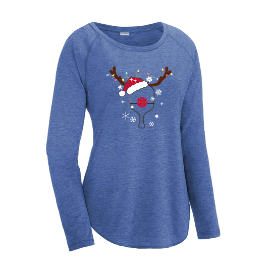 Rudolph The Pickling Reindeer Paddle | Women's Long Sleeve Scoop Neck Pickleball Shirts | 75/13/12 poly/cotton/rayon