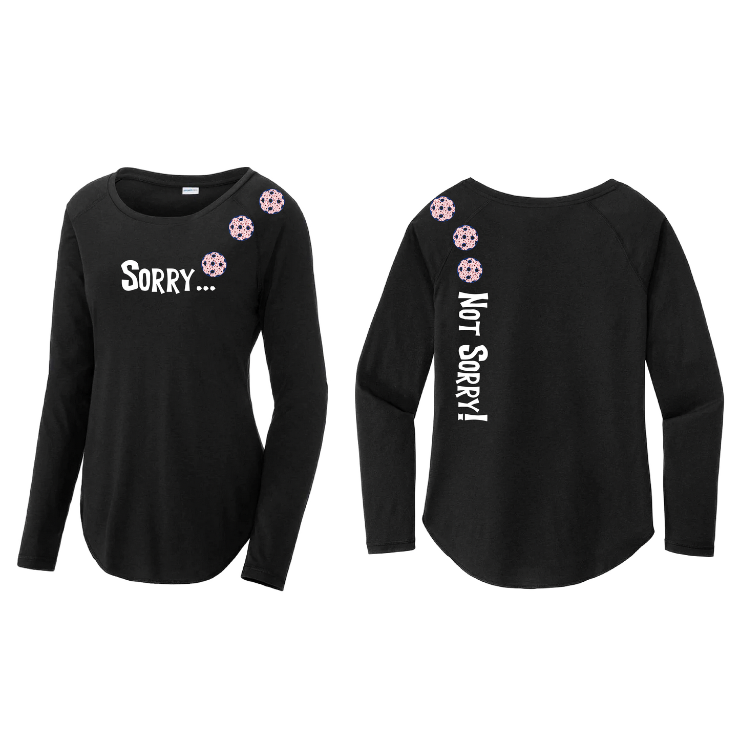 Sorry Not Sorry (Pickleball color Patriotic Stars) Customizable | Women's Long Sleeve Scoop Neck Pickleball Shirts | 75/13/12 poly/cotton/rayon