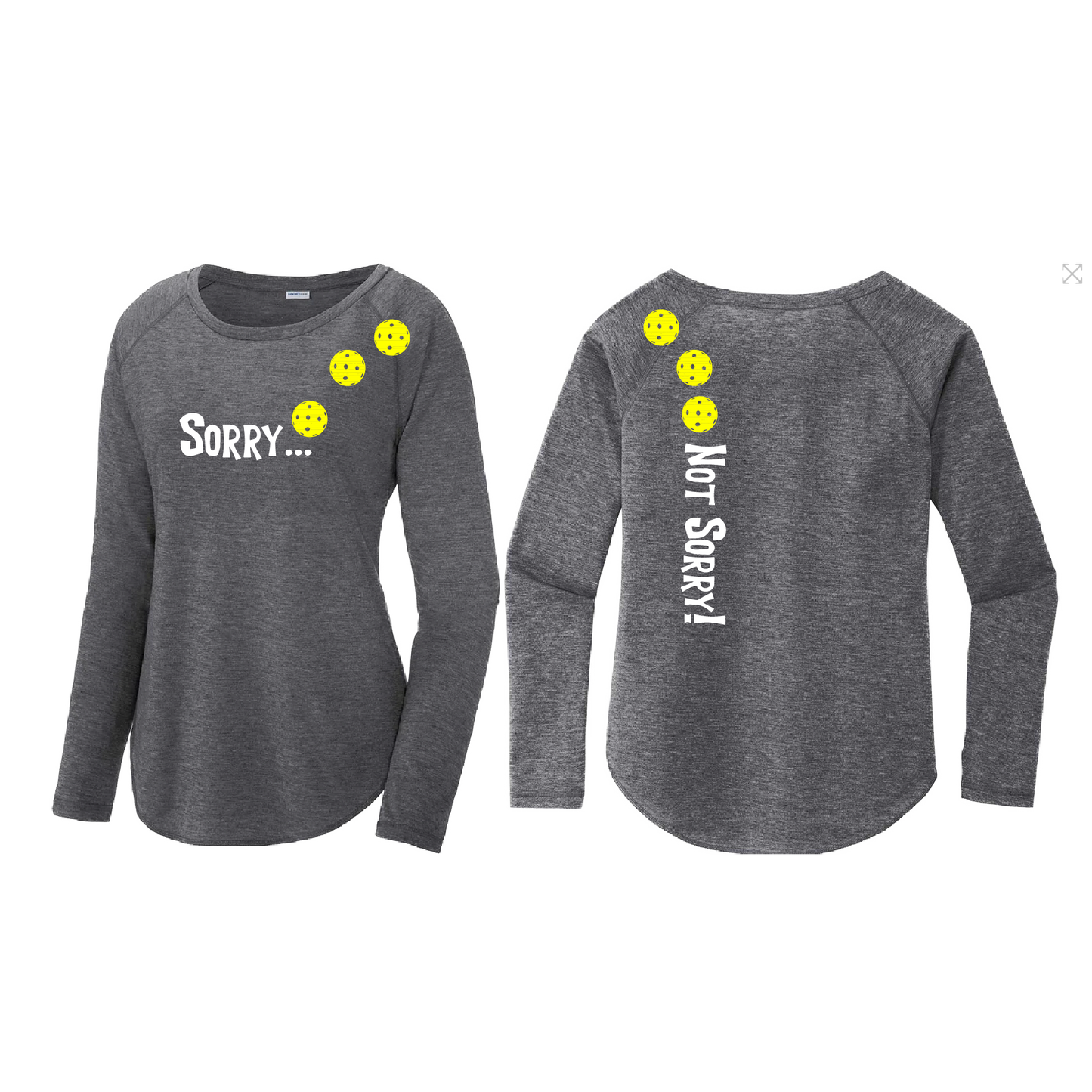 Sorry Not Sorry (Pickleballs Red White Yellow) | Women's Long Sleeve Scoop Neck Pickleball Shirts | 75/13/12 poly/cotton/rayon