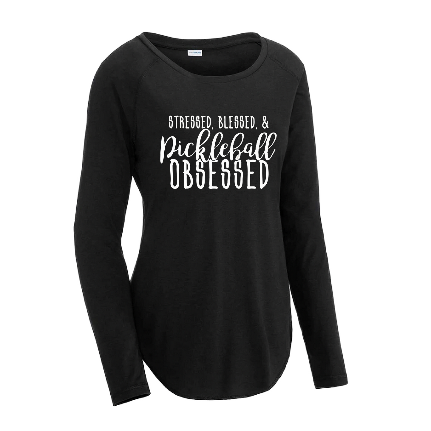 Stressed Blessed & Pickleball Obsessed | Women's Long Sleeve Scoop Neck Pickleball Shirts | 75/13/12 poly/cotton/rayon