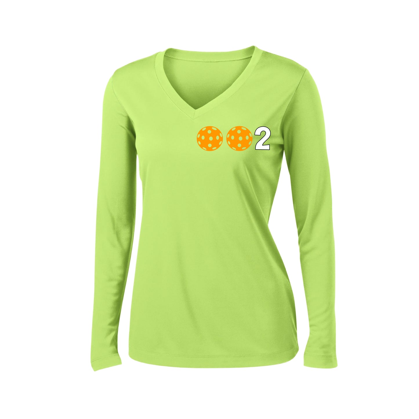 002 With Pickleballs (Colors Green Orange Red) Customizable | Women's Long Sleeve V-Neck Pickleball Shirts | 100% Polyester