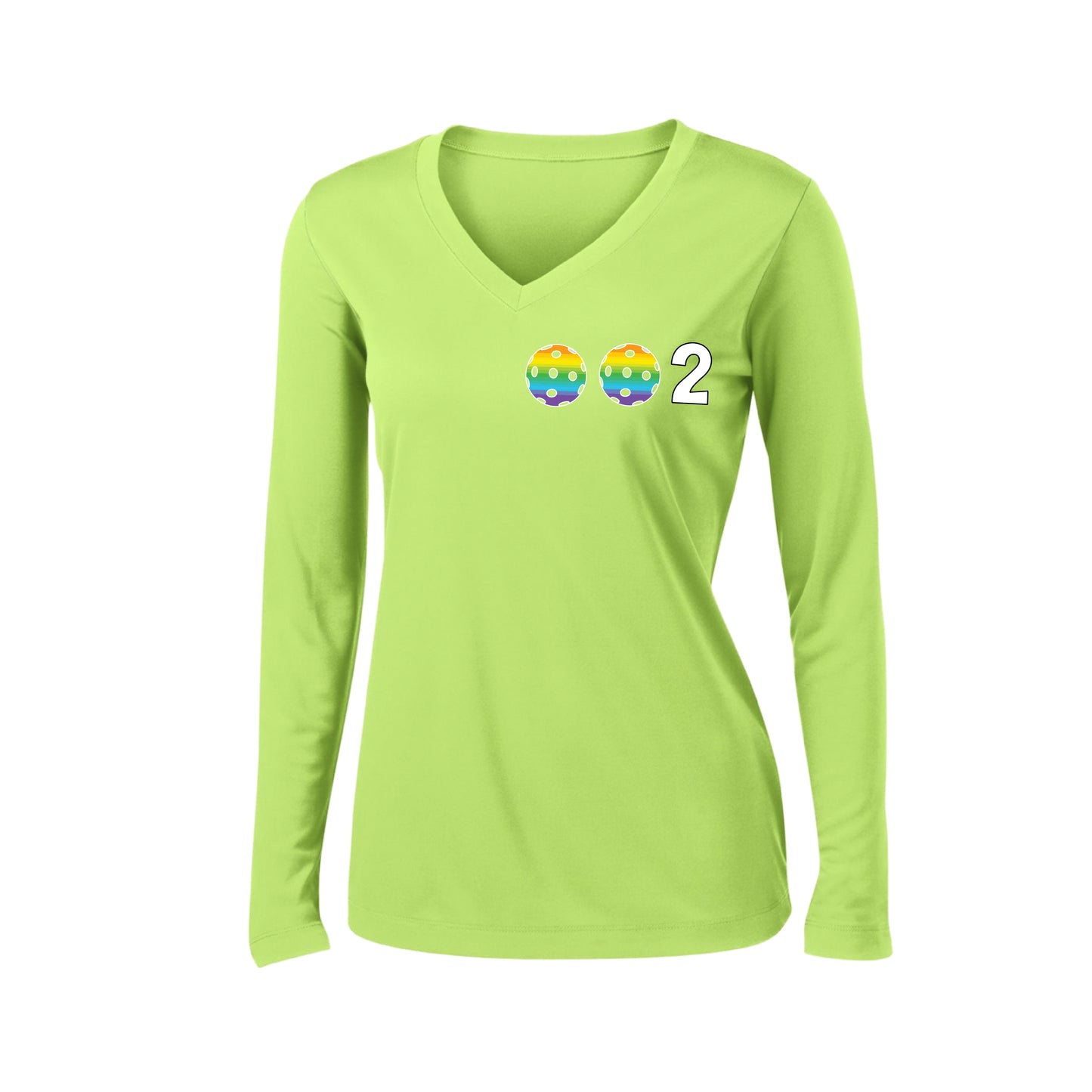 002 With Pickleballs (Colors Cyan Purple Rainbow) Customizable | Women's Long Sleeve V-Neck Pickleball Shirts | 100% Polyester