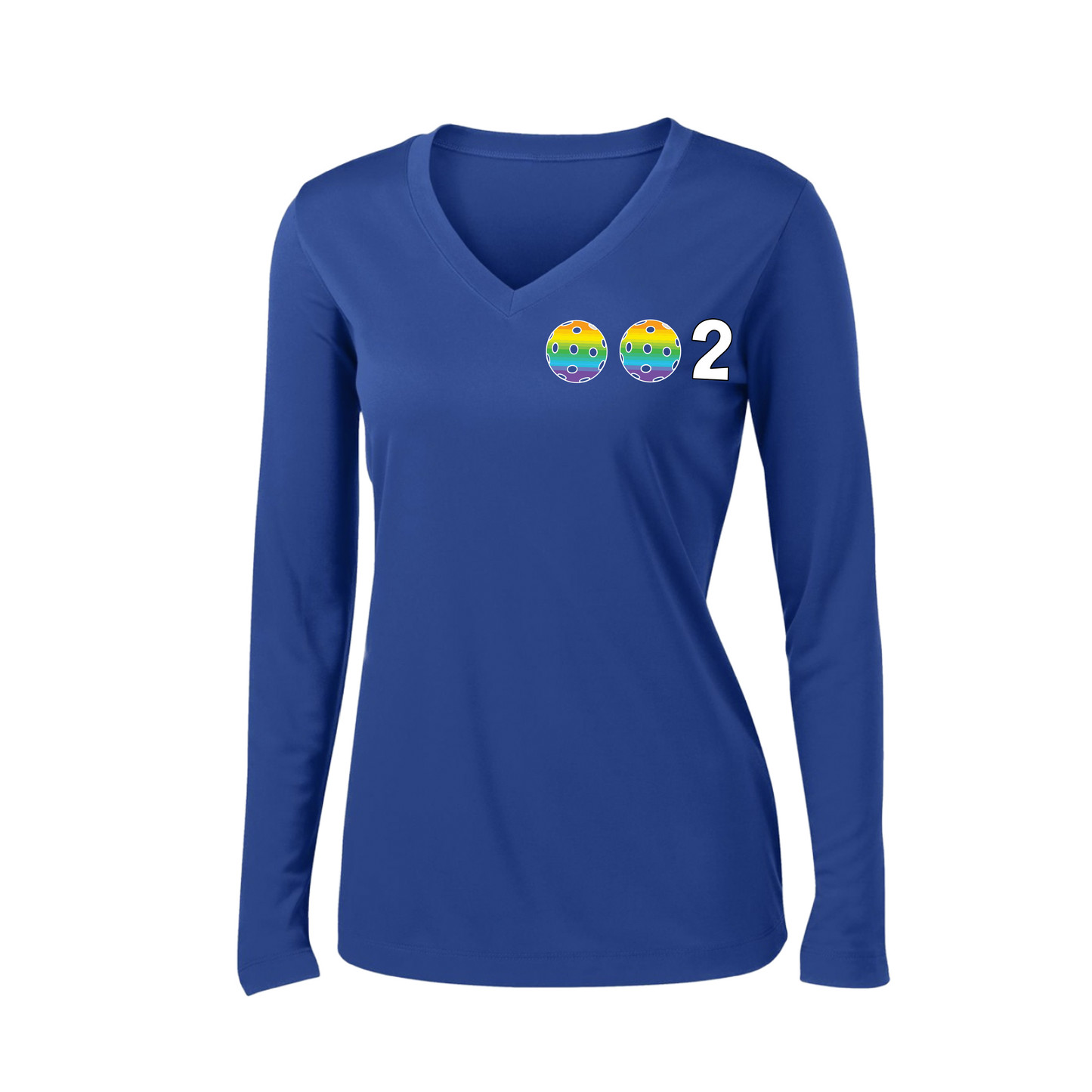 002 With Pickleballs (Colors Cyan Purple Rainbow) Customizable | Women's Long Sleeve V-Neck Pickleball Shirts | 100% Polyester