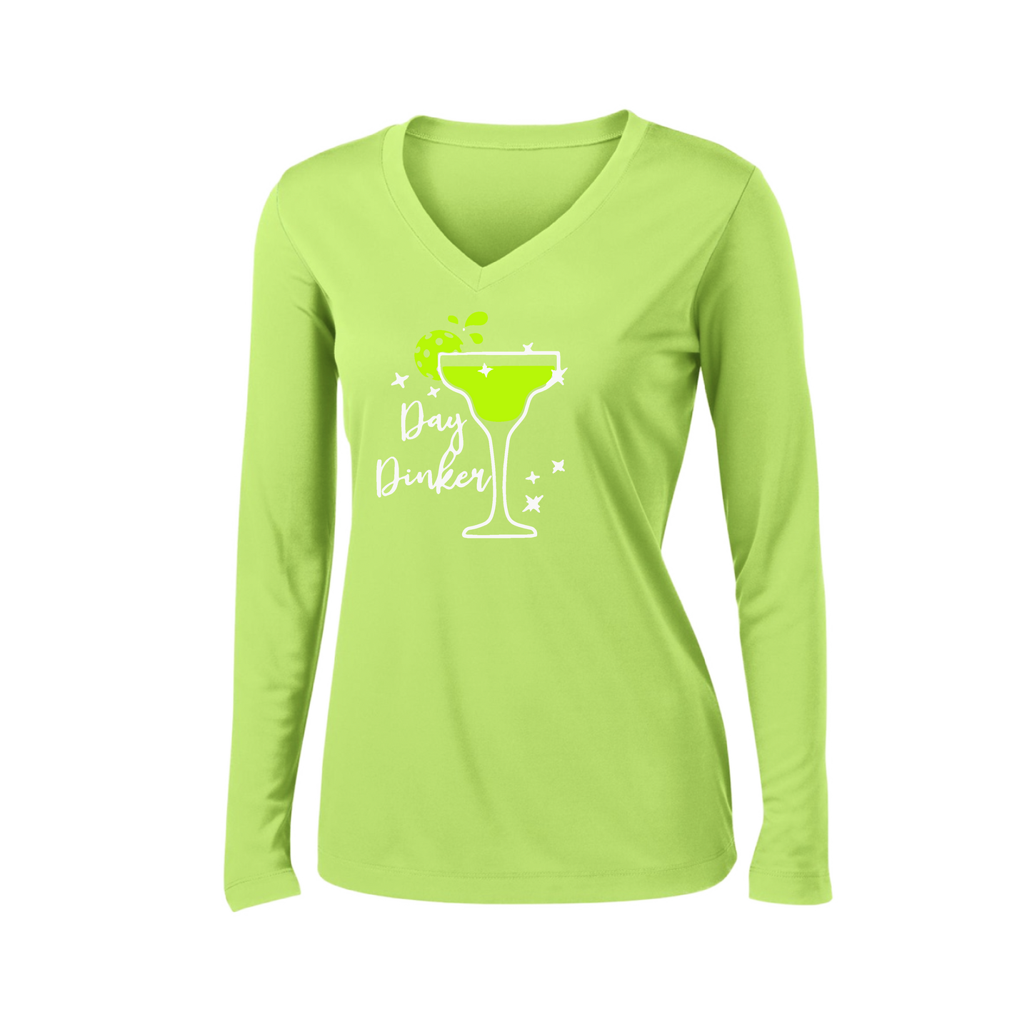 Day Dinker Pickleball Lime | Women’s Long Sleeve V-Neck Shirt | 100% Polyester